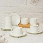 Femora Ceramic Gold Line Square Cut White Tea Cup Set with Saucer, 200 ML, 6 Cups, 6 Saucers