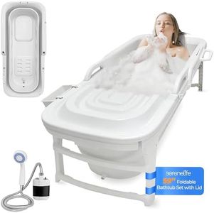 SereneLife Freestanding Portable Bathtub Spa Set – Large 59" Foldable Bath, Cushion, Stretchable Drain Pipe, Shower, Massager Rollers, Cleaning Spray & Storage Bag