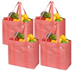 VENO 4 Pack Reusable Grocery Shopping Bag w/Hard Bottom for Trolley Cart, Heavy Duty Tote, Utility Shopper Bag, Beach Bag, Stands Upright, Water-Resistant, Sustainable (Red, 4 Pack)