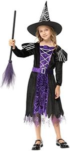 Acekid Witch Costume for Girls Kids, Halloween Party Dress Up Outfit Cosplay Fairytale Witch Girls Costume Set with Hat (M)