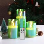 Eywamage Green Flameless Candles in Glass with Remote, Flickering Battery Operated LED Pillar Candles Set of 3 Φ 3" H 4" 5" 6"