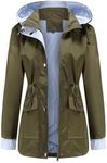 Flygo Women's Hooded Rain Coat Waterproof Lightweight Raincoat Long Windbreaker Striped Jacket Lined Outerwear with Pockets(ArmyGreen-S)