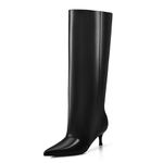 MIRAAZZURRA Black Knee High Boots for Women Slouchy Fold Over Boots Wide Calf Kitten Heel Pointed Toe Pull on Women Boots Size 6.5