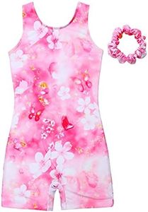 MODAFANS Leotards for Girls Gymnastics with Shorts Dance Biketards Tumbling Unitards Matching Hair Scrunchie 8-9 Years,Pink Butterfly