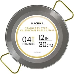 Machika Stainless Steel Paella Pan | Cooking Pan | Stainless Steel Skillet for Paella and Rice Recipes | Stainless Steel Valencian Paella Pan with Gold Handles | 4 Servings | 12 Inches |