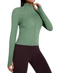 QUEENIEKE Workout Jackets for Women Full Zipper Slim Fit Athletic Running Jacket Cropped Tops with Thumbholes Size L Color Leaf Green