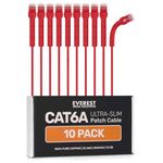Everest Media Solutions 10-Pack Cat6A Ultra-Slim Patch Cables - Bendable Boot - High-Speed 10GB Ethernet Cord - Space-Saving, Thin & Flexible Cat6 Patch Cables - 2ft (Red)
