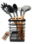 Tradeco direct® 6pc Set of Silicone Utensils with Acacia Wood Handles Including Flat Iron Holder. Heat Resistant Non Scratch