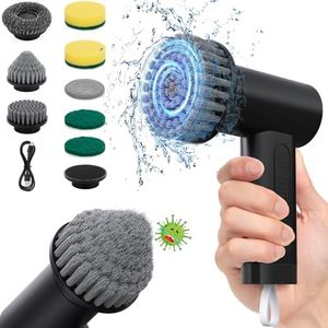 StarVal Electric Spin Scrubber, 3000 mAh Cordless Power Scrubber with 8 Replaceable Heads, Dual Speed Lightweight Handheld Scrubber for Cleaning Stove/Bowl/Sink/Corner/Tile/Grout (Black)