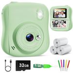 Hangrui Kids Camera Instant Print, HD Instant Camera for Kids with 32GB Card & Print Paper, 14MP 1080P Kids' Digital Cameras, Christmas Birthday Gifts Toy for Girls & Boys Aged 3-10 -Green