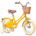 Glerc 14 Inch Kids Girls Bike for 3 4 5 Years Old Little Girls Retro Vintage Style Bicycles with Basket Stabilisers,Stabilisers and Bell, Color Yellow