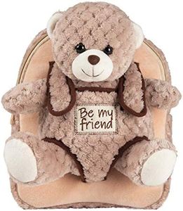 PERLETTI - Mochila Infantil Grande de Oso Beige de Peluche - Bolso para Niños Niñas 3 4 5 Años con Muñeco Extraíble para Escuela Guarderia Viaje - Bolsa Escolar Suave - 21x27x9 cm (Oso Marrón)