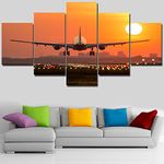 Airplane Landing Wall Decor Canvas Wall During a Beautiful Sunrise Painting 5 Panel Artwork Modern Home Decoration for Living Room Posters and Prints Gallery-Wrapped Ready to Hang(60''Wx32''H)