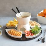 Nestasia White Wood and Ceramic Fondue Set for Serving Starters (Includes: 1 Wooden Tray, 4 Plates, 4 Skewers, 1 Stand, 1 Tea Light Candle, 1 Fondue Pot with Burner)