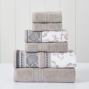 Modern Threads 6 Piece Set, 2 Bath Towels, 2 Hand Towels, 2 Washcloths Yarn Dyed Jacquard/Solid Towel Set Ophelia Fawn