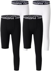 DEVOROPA Youth Boys One Leg Compression Pants for Basketball 4-Pack 3/4 Leggings Sports Tights Kids Athletic Soccer Base Layer Black/Black/White/White S