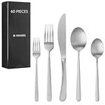 Navaris Silverware Set - 60-Piece 18/0 Stainless Steel Kitchen Cutlery Sets with Satin Silver Finish - Versatile Dinner Knives and Forks and Spoons Dinner Set for 12 People