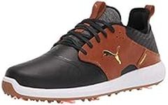 Puma Men's Ignite Pwradapt Caged Crafted Golf Shoe, Puma Black-Leather Brown-Puma Team Gold, 7