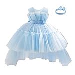 Miipat Baby Flower Girl Dress Wedding Party Tulle Princess Pageant Ball Gown Toddler Formal Dresses with Bowknot Headwear(Blue,18-24M)