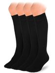 HUGH UGOLI Knee High Cotton Socks for Kids Girls Boys & Toddlers, Long School Uniform Socks, Soft & Comfortable,Black, 12-14 Years Old, 4 Pairs