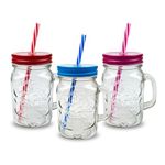 Pack of 3 Mason Jars with Handles, 500 ml Durable Drinking Glasses with Lids, Straws – Perfect for Cold Beverages Including Juices and Smoothies – Ergonomic and Comes in Attractive Hues and Designs