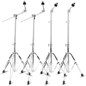 Millsten 2 Pack Boom Cymbal Stand + 2 Pack Straight Cymbal Stand Combo Set, Adjustable Cymbal Stand for Crash, Ride, Splash Cymbals, Stable Double-Braced Tripod Legs with Rubber (4 Pack)