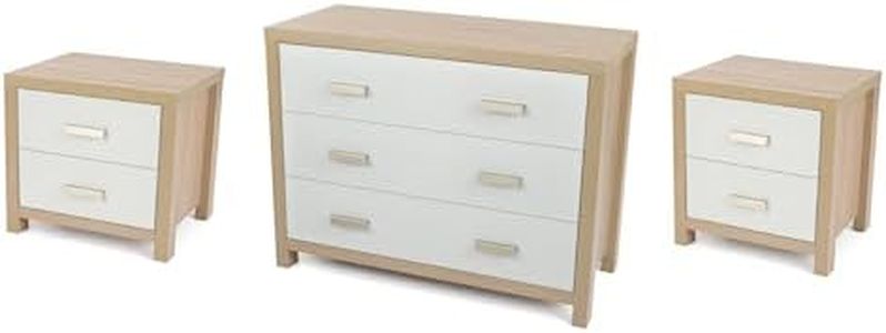 Meyvaser Conjunto Dormitorio Comoda y 2 mesillas de Noche, Color Cambria y Blanco