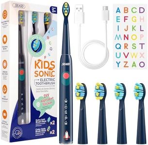 Seago Elektrische Zahnbürste Kinder ab 6, Kinderzahnbürste mit Smart Timer, 4 Weiche Ersatzbürstenköpfe, USB Wiederaufladbar, 5 Putzmodi, IPX7 Wasserdicht, 2 Buchstaben Aufkleber, SG-2303(Blau)