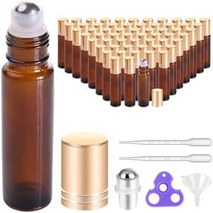 PrettyCare Roller Bottles For Oils 10 ml (Amber Glass, 60 Pack, 10 Extra Stainless Steel Balls, 72 Labels, 4 Opener, 4 Funnels Essential Oil Roller Bottles, Roller on Bottles