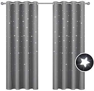 BUZIO 2 Panels Twinkle Star Kids Room Curtains, Thermal Insulated Blackout Curtains with Punched Out Stars for Space Themed Nursery and Bedroom (52 x 63 Inches, Space Gray)