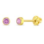 14k Yellow Gold Round 3mm Simulated Pink Tourmaline Birthstone Bezel Stud Screw Backs for Baby Girls - Safety Back Locking for Children - Pink CZ Earrings for Little Girls - October Birth Month Gift