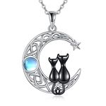 VONALA Celtic Moon Cat Necklace for Women Sterling Silver 2 Black Cat Jewelry Women Two Cat Gifts for Cat Lovers Birthday Gifts for Her