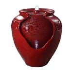 Teamson Home Floor Glazed Pot Water Fountain with Built-in LED Light and Pump for Outdoor Indoor Patio Garden Backyard Decking Home Décor, 17 inch Height, Red