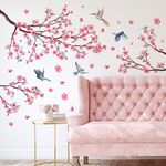 Pink Cherry Blossom Tree Wall Sticker, 3D Floral Branch Birds Wall Decals Pink Flowers Wall Art Cute Romantic, Removable Self Adhesive Wall Mural Decor Decal Art for Bedroom Living Room TV Wall