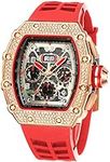 FANMIS Mens Bling Punk Diamond Chronograph Watches Fashion Style Silicone Band Sports Wrist Watch, Red Rose, Chronograph