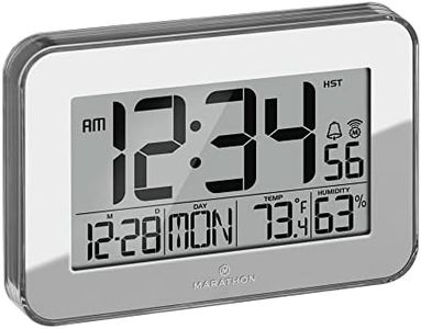 MARATHON Crystal Framed Atomic Wall Clock, Silver - Large, 7.5-Inch Display - AM/PM or 24-Hour Time Format, Eight Time Zones, Indoor Temperature & Humidity - Two AA Batteries Included