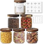 16 OZ Stackable Glass Food Storage Jars with 132 Pantry Labels Preprinted - 6 Pcs Thicken Glass Storage Containers with Airtight Acacia Lid - Clear Kitchen Canister for Spice, Tea, Coffee, Sugar