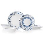 Corelle 12-Piece Dinnerware Set Service for 4, Chip Resistant, Glass, Artemis, Vitrelle