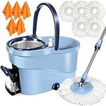 MASTERTOP Spin Mop and Bucket Set with Foot Pedal, Microfiber Mop Bucket with Wringer Set, 5 Spinning Floor Mop Reusable Head, Floor Mops for Hardwood, Wood, Laminate, Tile Floors, Blue