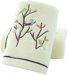 Pidada Hand Towels Set of 2 Embroidered Bird Tree Pattern 100% Cotton Absorbent Soft Decorative Towel for Bathroom 13.8 x 29.5 Inch (Light Yellow)