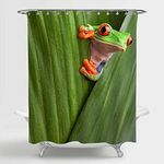 MitoVilla Curious Red Eyed Tree Frog Hiding in Green Background Leafs Shower Curtain, Exotic Amphibian Macro Tree Animal Looking in Tropical Jungle Bathroom Decor, Washable Fabric, Green, 72 x 78