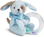 Bearington Baby Waggles Plush Stuffed Animal Blue Puppy Dog Shaker Toy Ring Rattle, 5"