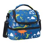 OPPOSHE Cute Large Kids Lunch Bag, Insulated Leakproof Cooler with Double Compartments, Water-Resistant & Easy Cleaning Fabric, Adjustable Strap, for Boys and Girls (Blue + Dinosaur, 9.8"×6.7"×8.3")