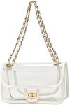 Lam Gallery Womens Fashion PVC Clear Purse Handbags Transparent Plastic Bag for Work Turn Lock Chain Shoulder Bag-White Trim