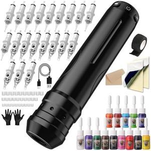 HAWINK Tattoo Gun Kit Complete Wireless Tattoo Machine 2000mAh Power Supply with 14 Inks Practice Skin for Beginners HWE66KITEN05-1