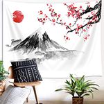 Japanese Mount Fuji Decor Tapestry, Asian Cherry Blossoms Sakura Floral Spring Sunset Ink Painting Art Wall Hanging for Bedroom Living Room College Dorm TV Backdrop Wall Blankets 71X60 Inches