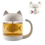 BigNoseDeer Cat Tea Cup Cute Tea Mug Glass Tea Pot with Fish Tea Infuser for Loose Leaf Tea (White 8oz)