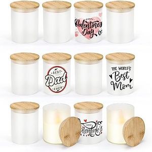 sweet grain 10oz Sublimation Glass Tealight Candle Holder with Bamboo Lids 12 Pcs Sublimation Frosted Glass Jar for Party Decorations, Birthday, Wedding and Dinner Table Decor