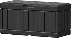 GUNJI 88 Gallon Resin Deck Box Indoor Outdoor Storage Waterproof & UV Resistant for Patio Furniture, Garden Tools, Pool Equipment and Pillows, Lockable (Deep Black)