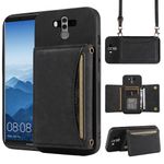 Phone Case For Huawei Mate 10 Pro Wallet Cover with Crossbody Shoulder Strap and Leather Credit Card Holder Pocket Slim Stand Cell Accessories Mobile Hawaii Mate10Pro Mate10 10Pro Girls Women Black